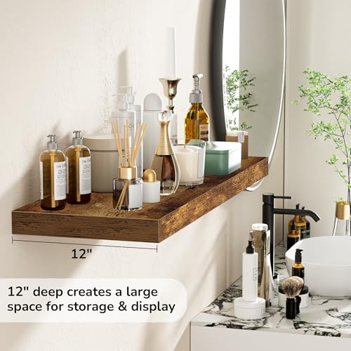 Rustic Brown Floating Shelves 36 Inch - Deep & Thick Wall Storage Set for Living Room & Kitchen - 2 Pack