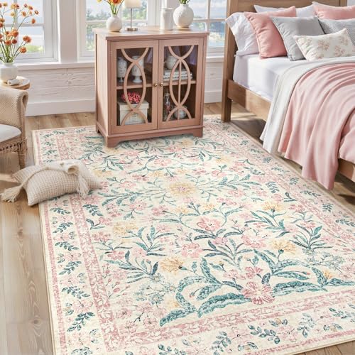 Pink Bedroom Rug 5x7 Blush Pink Floral Washable Nursery Carpet for Girls Room