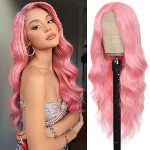 Pink Wavy Wig for Women, 26 Inch Light Pink Synthetic Hair, Natural Look & Heat Resistant - Variation: Pink