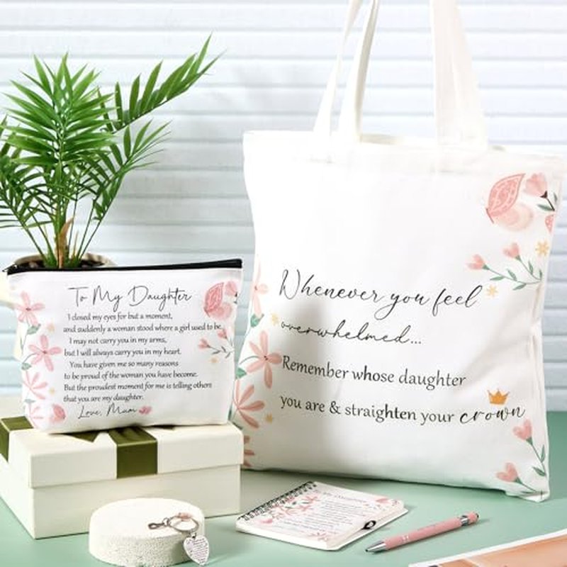 5 Pcs Daughter Valentines Day Gifts Set, Inspirational to My Daughter Gift with Tote Bag, Makeup Bag, Notebook, Ballpoint Pen & Keychain Congratulations Graduation Wedding Gift from Mom Dad