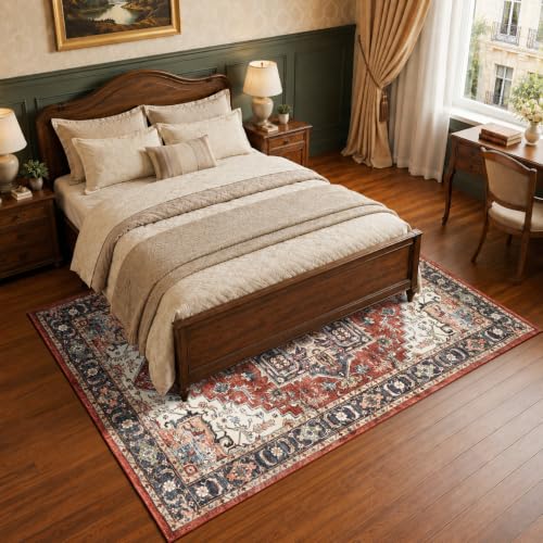 6x9 Washable Living Room Rug - Vintage Oriental Medallion - Terra Red
