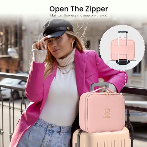 Travel Makeup Bag with Mirror Cosmetic Bag Makeup Artist Bag, 3 Color Scenarios Adjustable Brightness, Makeup Train Case Cosmetic Storage Gift for Daughter Wife Friend Pink