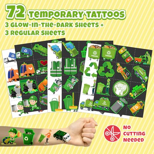 96 PCS Garbage Truck Party Favors Set ? 72 Pre-Cut Temporary Tattoos & 24 Slap Bracelets for Kids, Sanitation Truck Birthday Supplies, Recycle-Themed Classroom Rewards