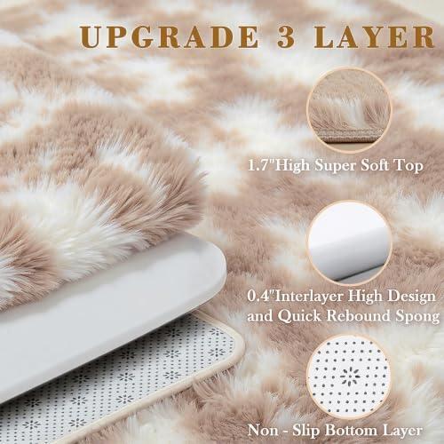 Dark Beige Tie-Dyed 8x10 Area Rug - Plush Shaggy Carpet for Living Room