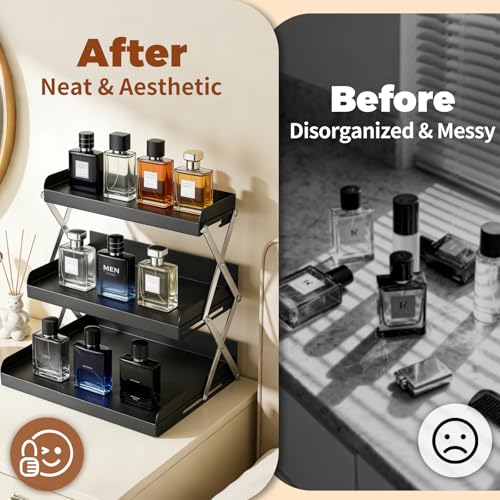 Cologne Organizer for Men - 3 Tier Perfume Display Holder, Foldable Adjustable Height Mens Perfume Organizer Shelf Stand, Black Gift for Men