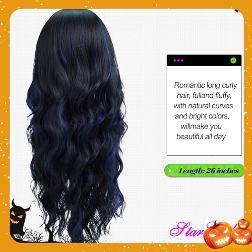 Long Wavy Black Wig with Blue Highlights - 26 Inch Synthetic Heat-Resistant Hairpiece for Daily & Party Use