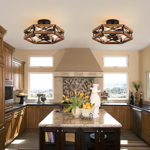 Oak and Black 2 Pack Rustic Farmhouse 3-Light Ceiling Light Fixtures - Wood & Metal Flush Mount for Hallway, Entry, Bedroom, Kitchen