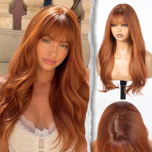 Sunset Copper Auburn Wavy Long Wig with Bangs - Voluminous High Crown, Realistic Scalp, 24 Inch Style