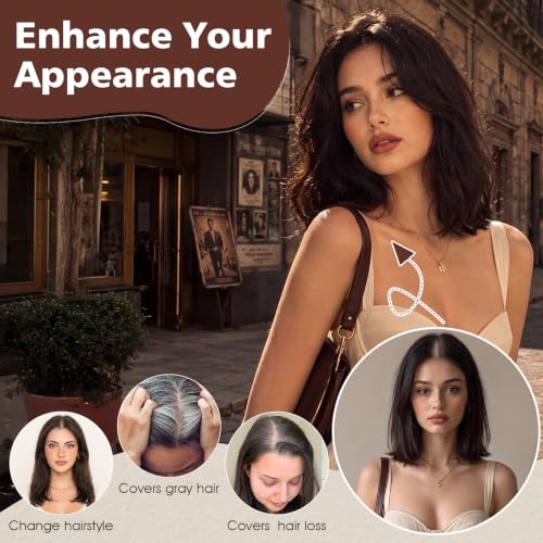 Rich Choices Human Hair Topper with Side Bangs, 11 Inch, Medium Brown Highlight Dark Blonde, Remy Toppers for Women