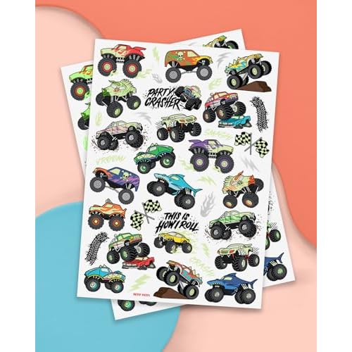 xo, Fetti Glow In The Dark Monster Truck Temporary Tattoos - 50 Foil Styles | Truck Birthday Party Decorations, Boys Pick Up Truck Party Favors, Race Car Temp Tats, Kids Arts and Crafts Supplies