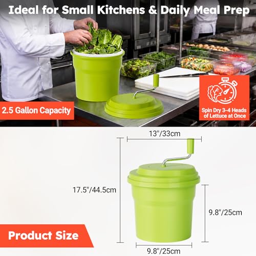 Green 2.5 Gallon Commercial Salad Spinner - Heavy Duty Vegetable Dryer with Ergonomic Aluminum Handle