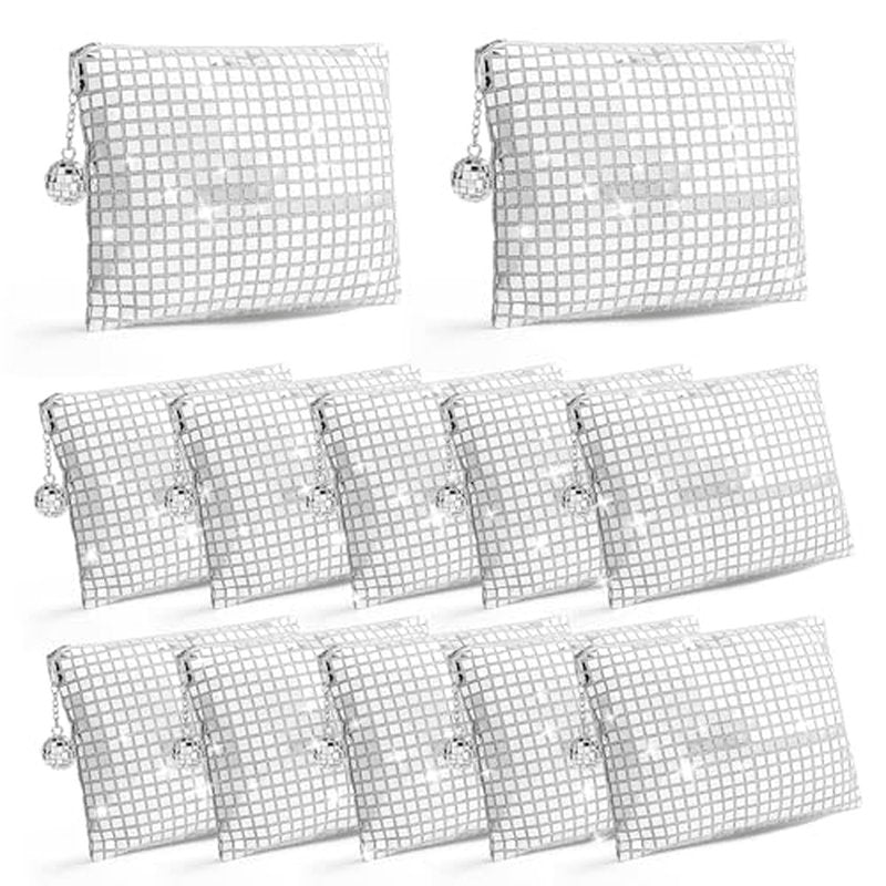 12 Pack Disco Ball Makeup Bag - Disco Party Decorations and Favors, Sequin Mirror Cosmetic Bag for Women
