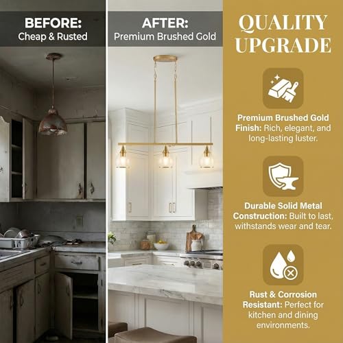 Brushed Gold Kitchen Island Pendant Light - 3 Light E26 Fixture - Variation of Gold / 3-Light