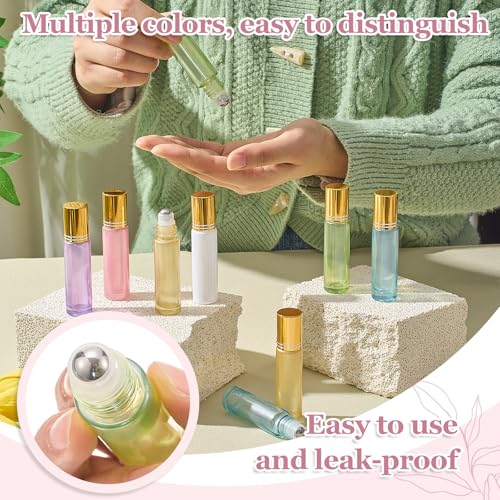 Hushee 60 Pack 10ml Roll on Bottles Set - 6 Color Glass Essential Oil Roller Bottles Empty with Funnels, Droppers & Openers, Leak-proof Stainless Steel Balls for Aromatherapy, Perfume DIY & Lip Balm