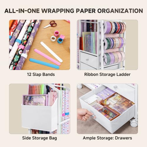 Aquzee White Large Wrapping Paper Storage Cart with Drawer & Ribbons