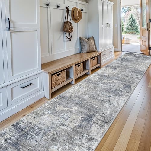 3x20 ft Non-Slip Washable Hallway Runner Rug - Blue Grey Modern Low Pile