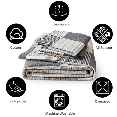 Queen Size Cotton Quilt Set - Reversible Patchwork Bedspread with Pillow Shams - Grey, Brown, Black, White, Tan - 3 Pieces