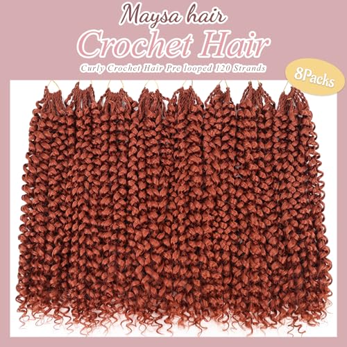 MAYSA Ginger Copper Beach Waves Crochet Hair Extensions - 18 Inch Water Wave Prelooped 8-Pack #350