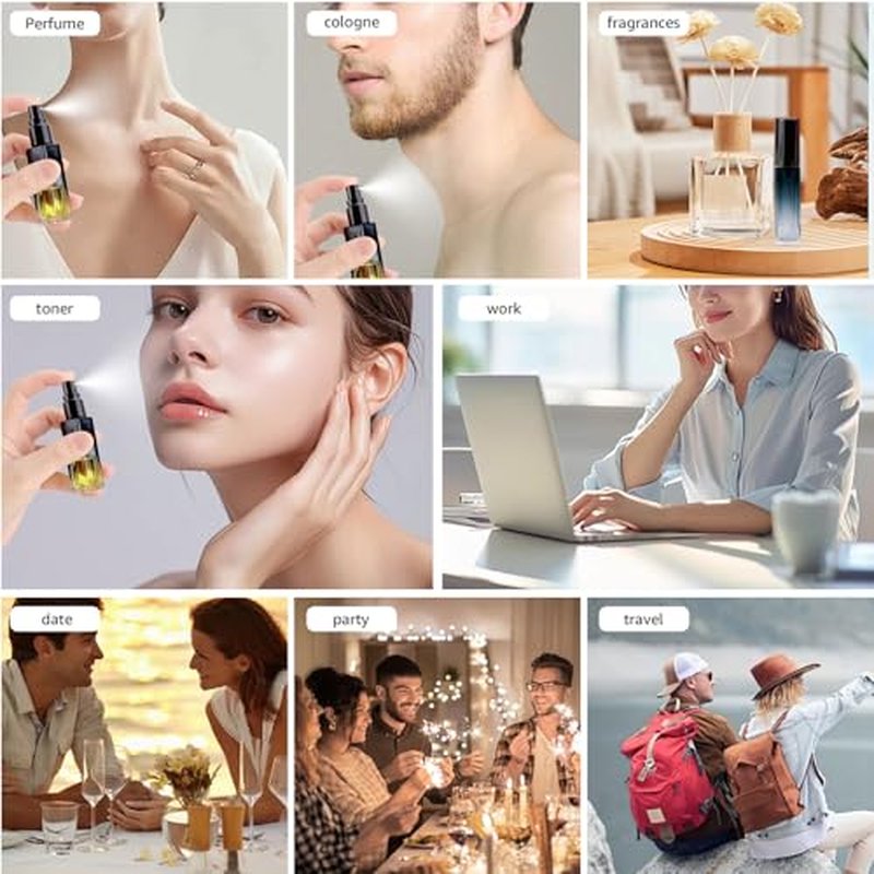 Kesell 11 Pack 10ml Spray Bottles Glass Refillable Perfume Atomizer for Travel Square Empty Bottles Containers Portable Glass Perfume Bottle Set with 5pcs Funnel and 5pcs Dropper (Black Cap)