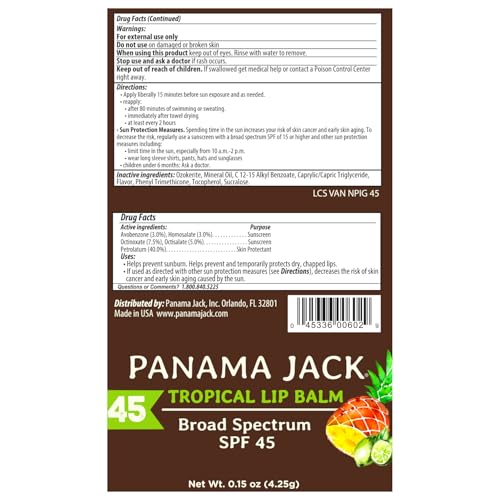 Panama Jack Passport to Flavor - Travel Sunscreen Lip Balm Bulk SPF 45 Stick - 4 Pack Tropical & Vanilla