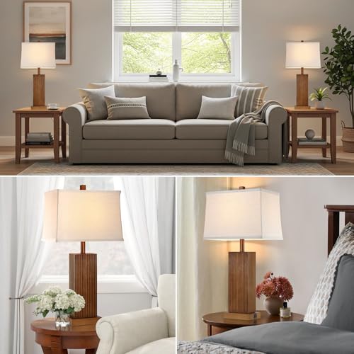 Walnut Wood Table Lamps Set of 2 with USB-C Ports, 2700K-5000K Bulb, Beig e Linen Shade