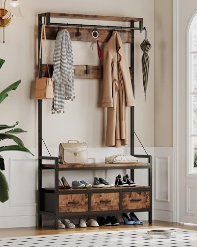 Hall Tree with Bench & Shoe Storage - 16 Hooks, 3 Drawers, Entryway Organizer