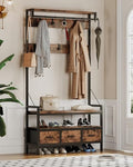 Hall Tree with Bench & Shoe Storage - 16 Hooks, 3 Drawers, Entryway Organizer