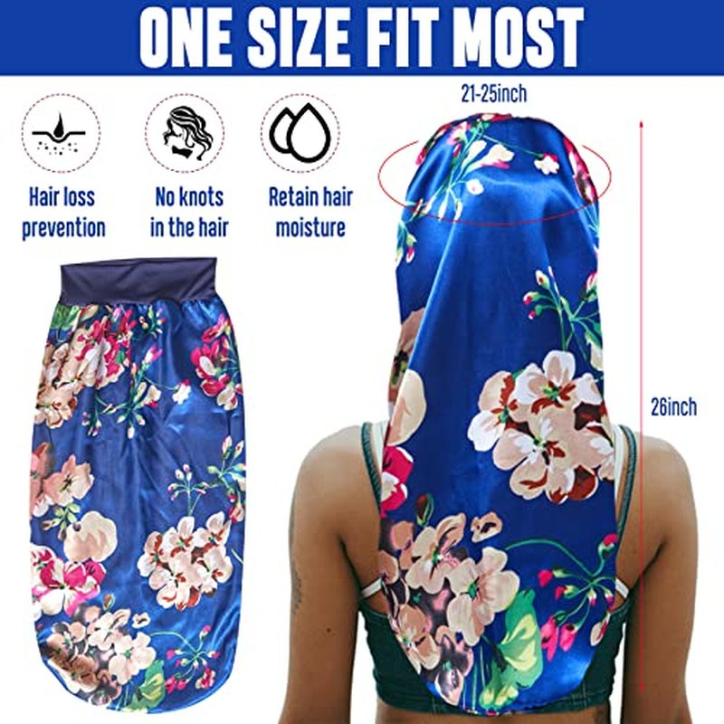4PCS Long Satin Bonnet Sleep Cap,Black Extra Large Silk Bonnet for Natural Hair, Bonnets for Women Night Sleep,Wide Elastic Band, Very Soft & Comfortable (Black,3 Floral Patterns)