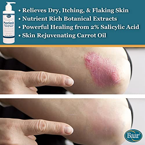 BAAR Psoriasis Therapeutic Scalp & Body Wash, Soothing Healing Formula with 2% Salicylic Acid and Antioxidant-Packed Botanicals like Carrot and Lemon Oil to Relieve Itchy, Dry Skin, 8 fl oz