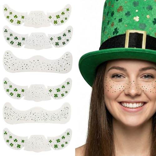 Threetols 6pcs St. Patrick's Day Face Sticker, Green Lucky Shamrock Clover Star Temporary Tattoos Saint Patrick's Day Clover Makeup Art Irish Holiday Decorations Gift for Women Men