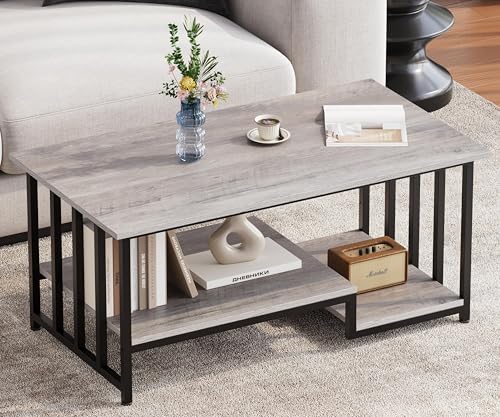 Modern 2-Tier Wooden Coffee Table with Storage - Rustic Gray, 39.4"