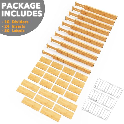 SpaceAid Bamboo Drawer Dividers with Labels, Expandable 17-22 Inch Natural Organizer, 10 Pieces with Inserts (Variation: 2.35''H, 17-22''L, 10 Dividers)