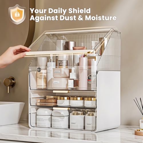 Makeup Organizer Countertop with Drawers & Lid, Skincare Organizer for Vanity, Large Cosmetic Organizer & Display Cases and Storage for Bathroom & Desktop. Perfect for Girl Women Mom Gifts