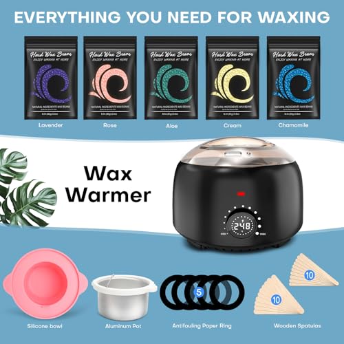 Waxing Kit for Women and Men, Digital Wax Warmer with 14OZ 5 Bags Hard Wax Beads, at Home Wax kit for Full Body, Face, Eyebrows, Bikini, Legs, Brazilian & Sensitive Skin