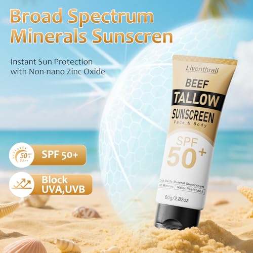 Mineral Sunscreen with Non-Toxic Zinc Oxide SPF 50, Organic Natural Beef Tallow Sunblock with Honey Beeswax, Non Greasy Formula for Face, Body and Skin - Women and Men, 2.82 oz (80g)