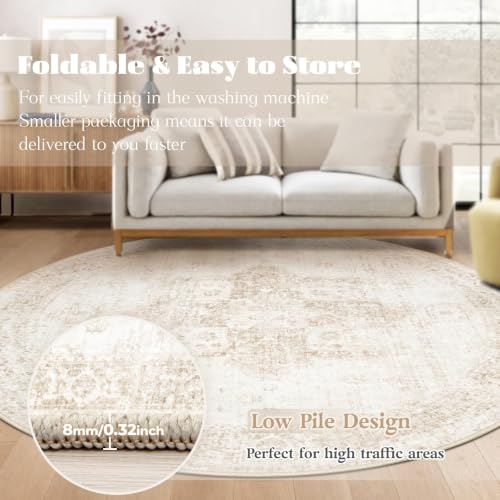 8ft Washable Round Rug with Non-Slip Backing - Vintage Boho Medallion Carpet for Living Room & Bedroom - Beige