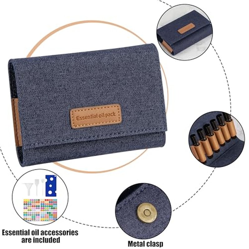 Essential Oil Carrying Bag, Holds 6 Bottles (5mL-10mL Roller Bottles), Travel Essential Oil Bag for Purse, Portable Organizer Holder for Essential Oils, Perfume, Lipstick, Lip Balm (Blue)