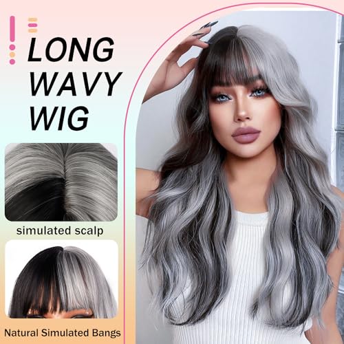 TOZIKA 26 Inch Grey and Black Wavy Wig with Bangs for Women - Long & Natural