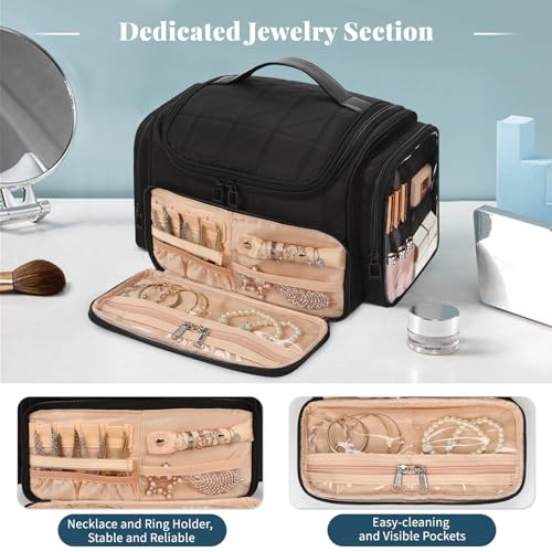 Large Makeup Bag with Jewelry Organizer - 01-Black with Jewelry Storage Travel Toiletry Bag