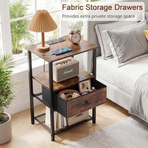 LOAKEKEL Brown Nightstands Set of 2 with Charging Station - Modern Bedroom Side Tables