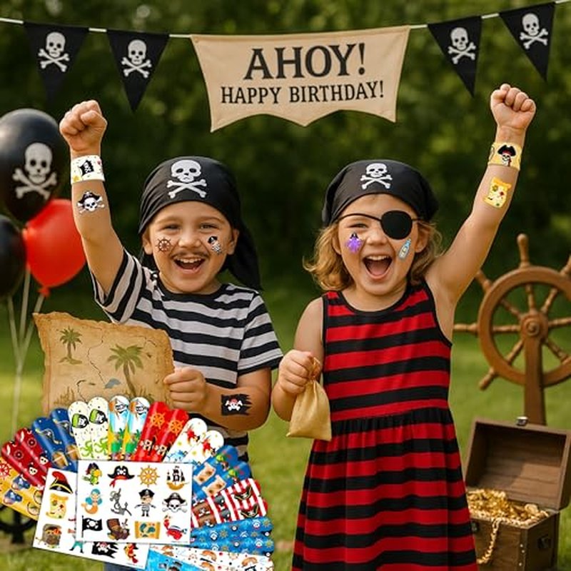 48PCS Pirate Party Set - 24PCS Temporary Tattoos & 24PCS Slap Bracelets - Treasure Hunt-Themed Birthday Supplies, Baby Shower Gifts, Classroom Rewards & Party Decor for Kids (Boys & Girls)