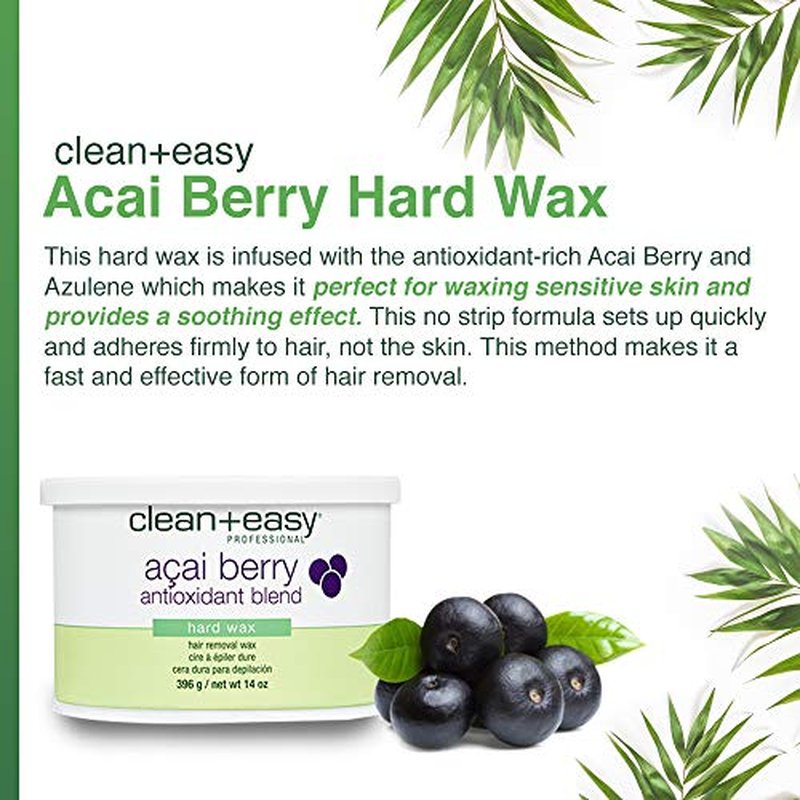Clean + Easy Acai Berry Hard Wax for Hair Removal ? Non-Strip, Depilatory Wax for Painless Full Body, Face, Bikini Brazilian Waxing, Removes Fine to Coarse Hair, 14 oz