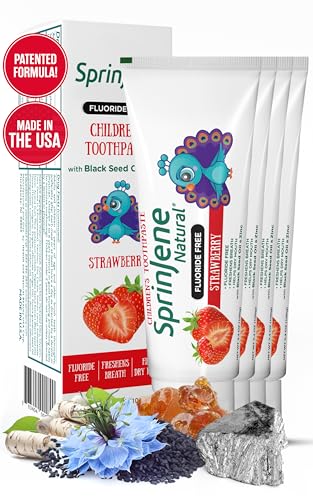 SprinJene Natural Kids Toothpaste Pack of 4 - Fluoride Free Strawberry Flavor, Gentle & Safe for Toddlers & Children