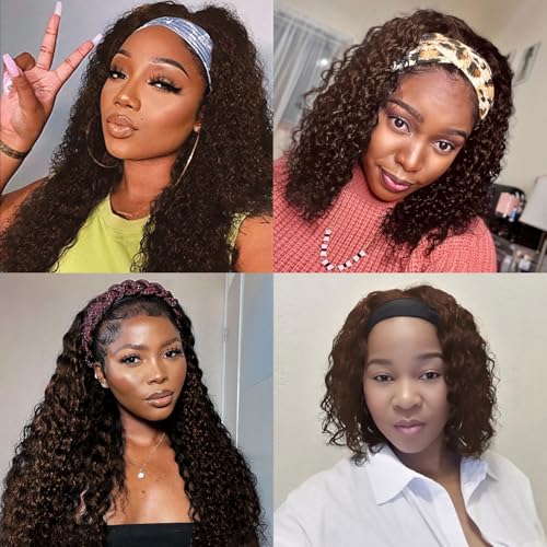 Chocolate Brown Human Hair Headband Wig 10 Inch Deep Wave Curly Wigs for Women - Unprocessed Brazilian Hair, Easy to Wear, Adjustable Fit