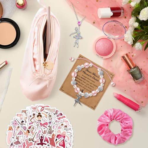 Y1tvei Ballerina Shoe Makeup Bag Set - 66Pcs Ballet Dancing Girls Satin Cosmetic Pouch Dance Stickers Sparkly Pink Ballerina Bracelet Necklace with Card Hairband, Ballet Dancer Gifts for Dance Recital