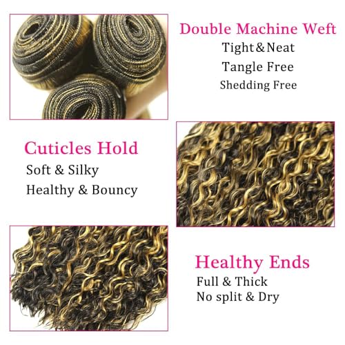 Kinky Curly Human Hair Bundles Blonde Highlight 16 Inch Virgin Hair Extensions - P1B27