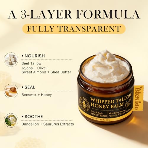 Organic Grass-Fed Tallow Balm for Face: Whipped Beef Tallow Cream with Raw Honey for Sensitive and Dry Skin, Natural Formula for Soothing & Deep Hydration