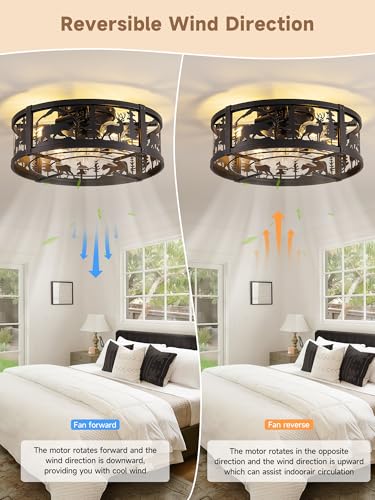 18 Inch Rustic Farmhouse Ceiling Fan with Light - Bear & Deer Silhouettes, Remote Control