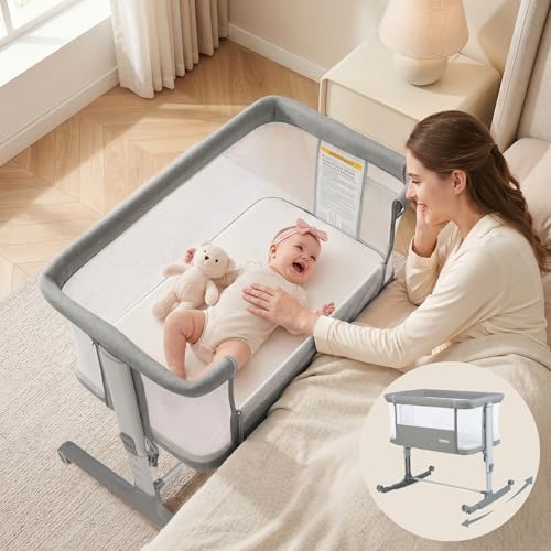 INFANS 3-in-1 Baby Bassinet Bedside Sleeper with Manual Rocking - Light Grey, 34 x 25 x 32 inches