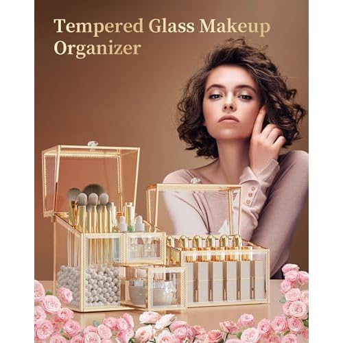 Makeup Brush Organizer ? Vanity Organizer with 18-Slot Lipstick Organizer & Makeup Brush Holder with Lid ? Skincare, Perfume & Cosmetic Storage for Bathroom or Dresser